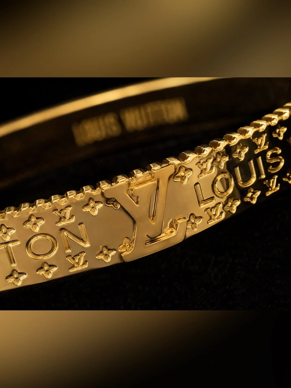 Gold LV Monogram Hinged Bangle Bracelet